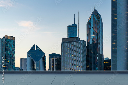 Skyscrapers Cityscape Downtown, Chicago Skyline Buildings. Beautiful Real Estate. Sunset. Empty rooftop View. Success concept.