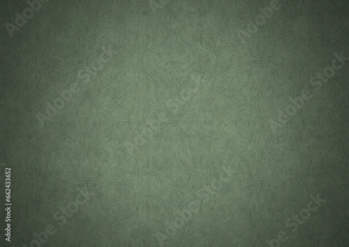 Hand-drawn unique abstract symmetrical seamless ornament. Dark semi transparent green on a light warm green with vignette of a darker background color. Paper texture. A4. (pattern: p11-1b)