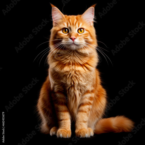 Red fluffy cat sitting isolated on a black background