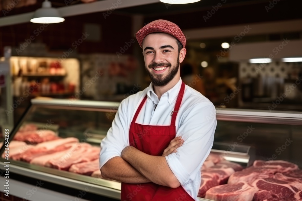 Young smiling man butcher standing at the meat counter Young smiling man butcher standing at the meat counter