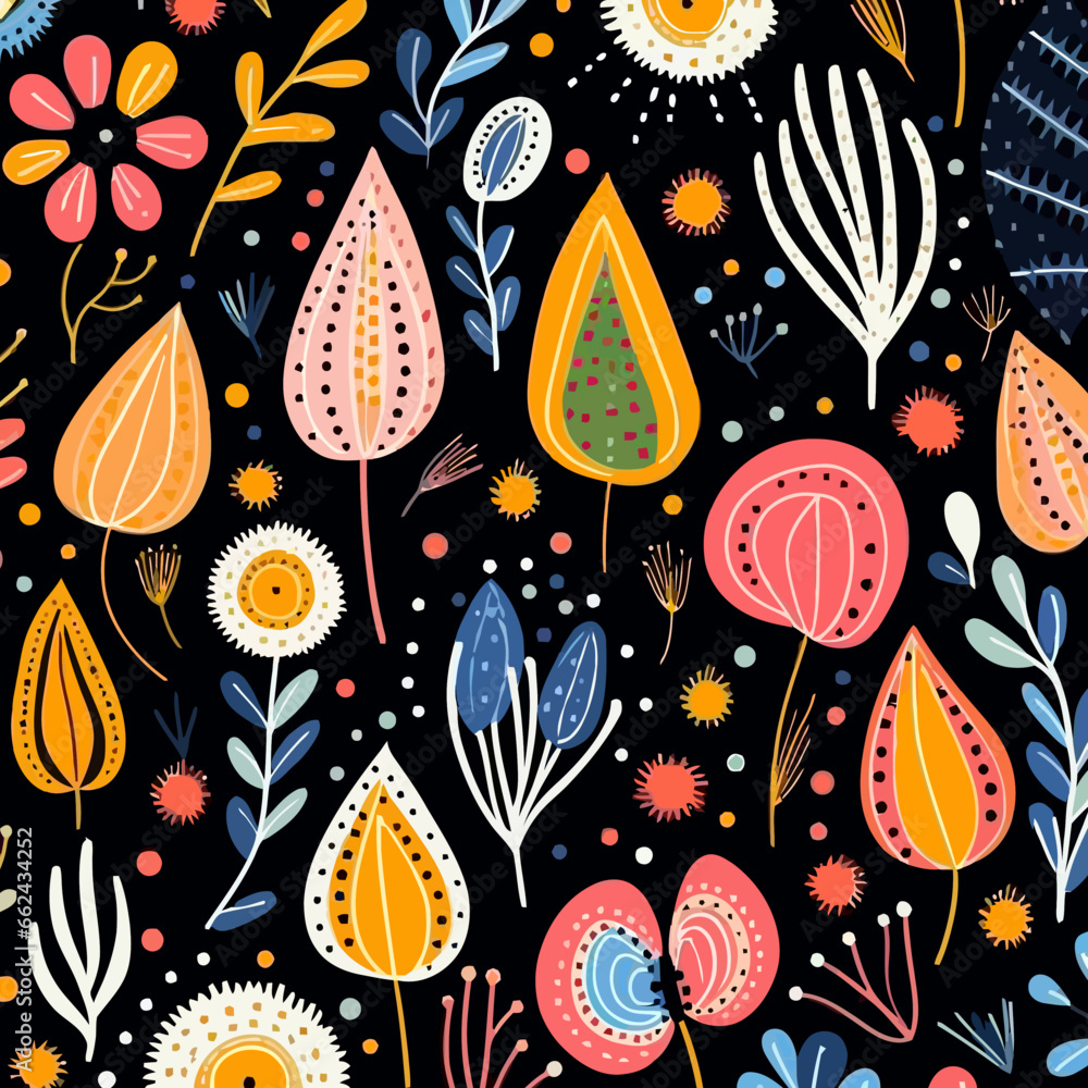 Naklejka premium Elegant quirky doodle pattern, background, cartoon, vector, whimsical Illustration