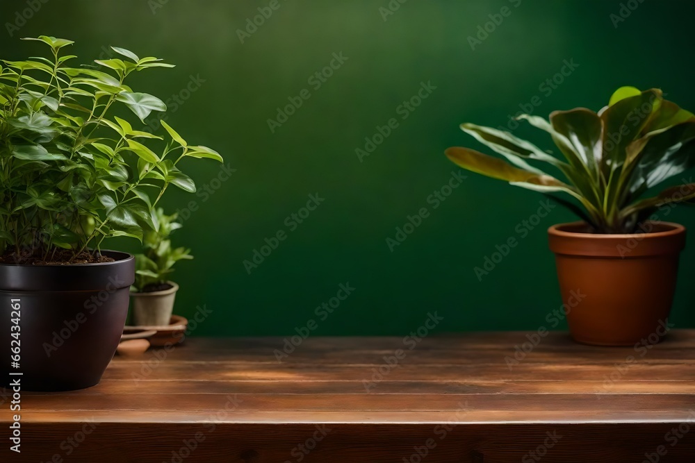 Brown wooden table with potted plants and green wall background. High quality photo  