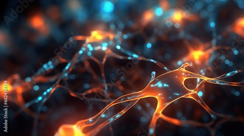 Neuron cells with glowing link knots. Nervous system with electric impulses. Microbiology concepts. Illustration for banner, poster, cover, brochure or presentation.