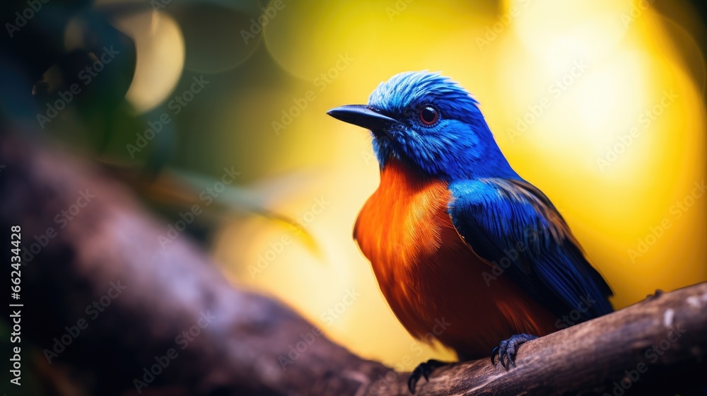 blue and orange tropical and exotic bird (fictious species) sitting on a tree branch in the jungle