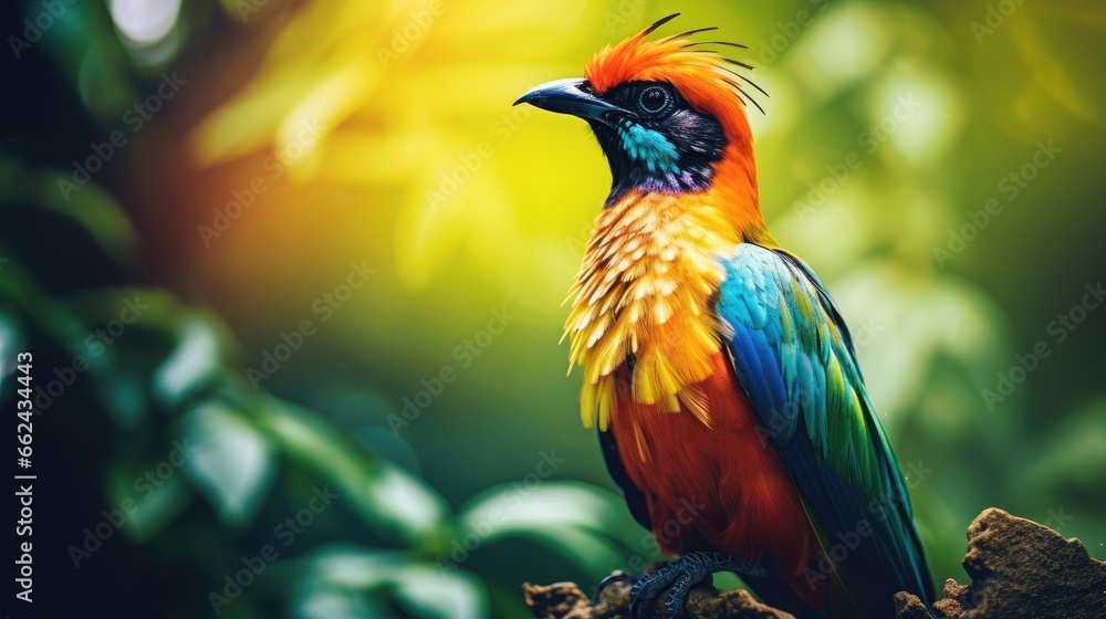colourful tropical and exotic bird (fictious species) sitting on a tree branch in the jungle