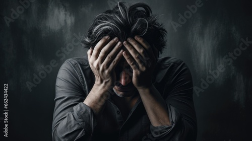 An unhappy man sits alone feeling sad, distressed, or afraid and raises his hands on his head. Human emotions, reaction and body language. Concept of fear, domestic violence, despair or anxiety.
