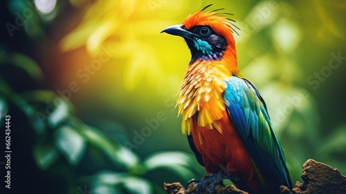 colourful tropical and exotic bird (fictious species) sitting on a tree branch in the jungle © Flowal93