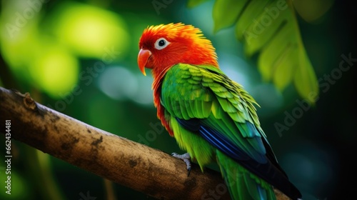 orange and green tropical and exotic parrot (fictious species) sitting on a tree branch in the jungle