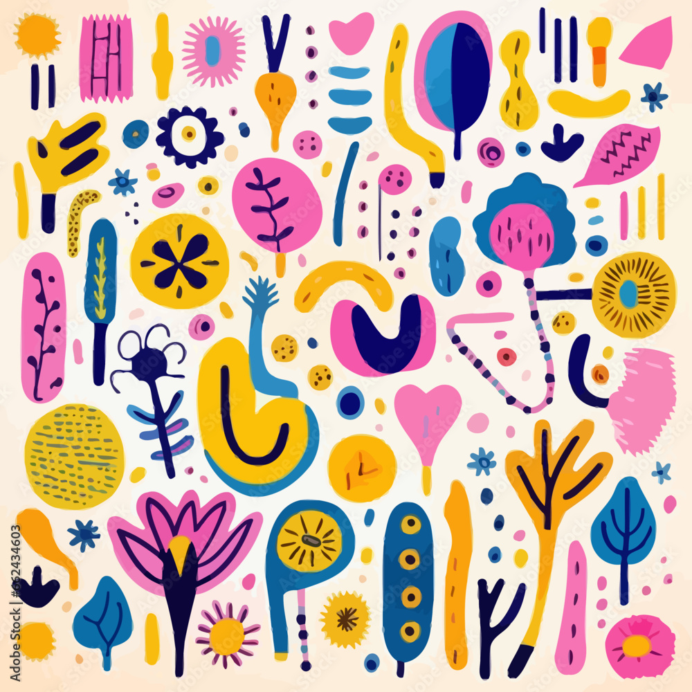 Bold color quirky doodle pattern, background, cartoon, vector, whimsical Illustration