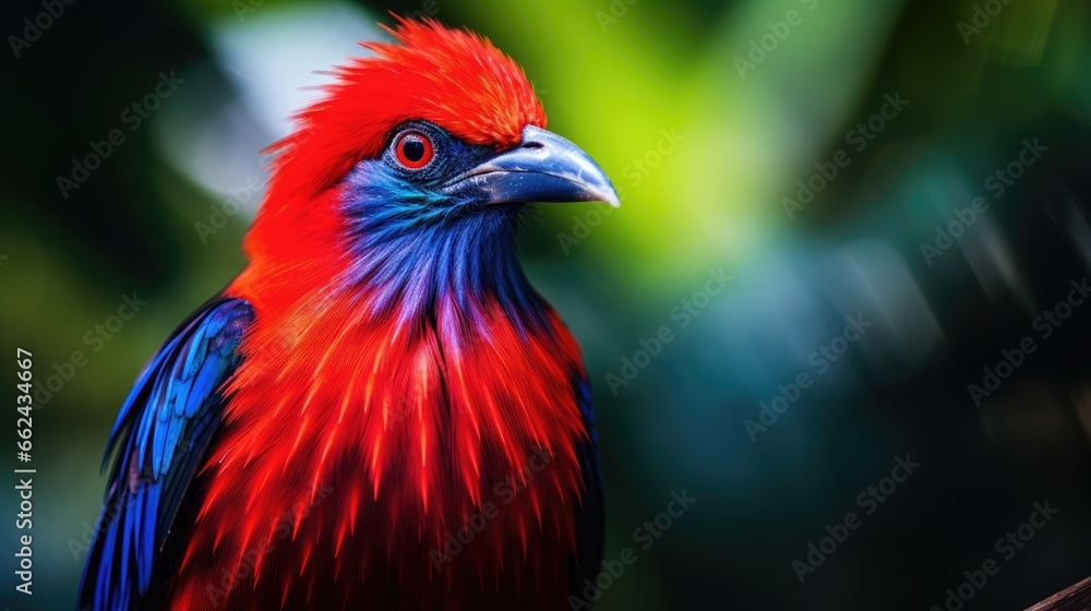 Fototapeta premium Close-up portrait of an exotic red bird (fictious species) in the tropical jungle