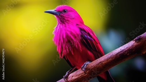 pink tropical and exotic bird (fictious species) sitting on a tree branch in the jungle © Flowal93