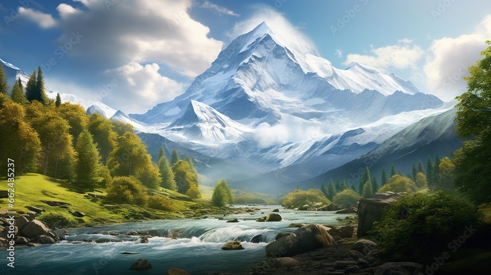  a painting of a mountain with a river running through it.  generative ai