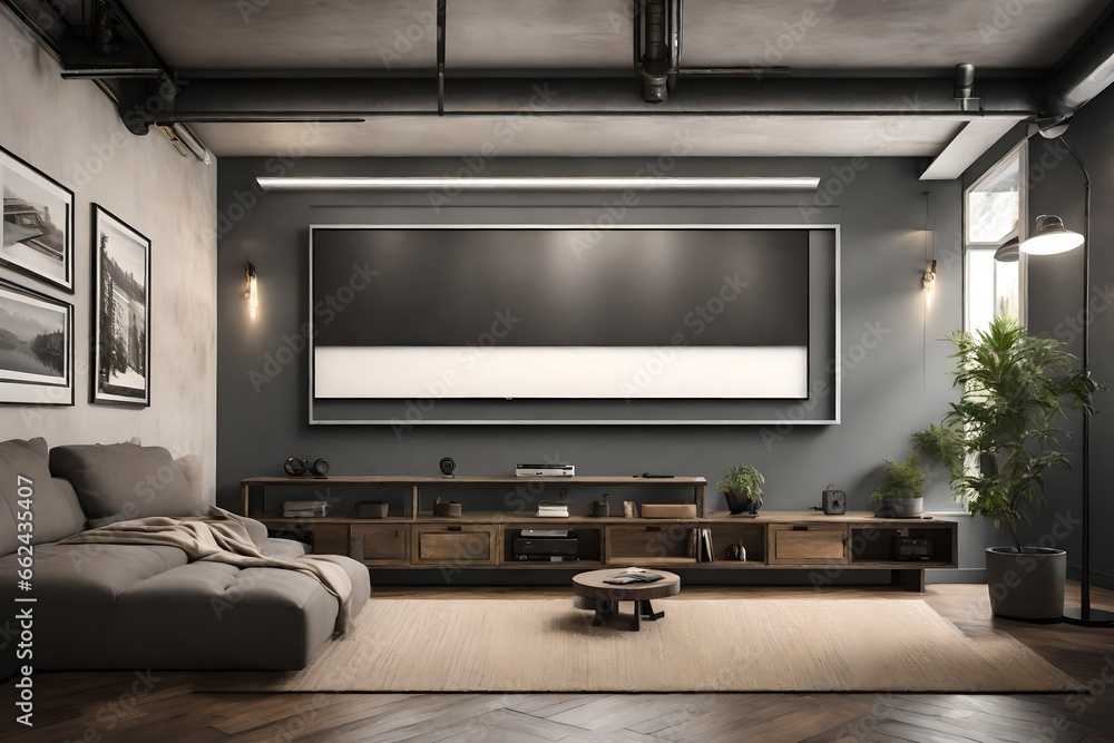 A Canvas Frame for a mockup in a modern TV room, with an urban, industrial theme, showcasing metal beams and vent ducts overhead. A Canvas Frame for a mockup in a modern TV room, with an urban, industrial theme, showcasing metal beams and vent ducts overhead.