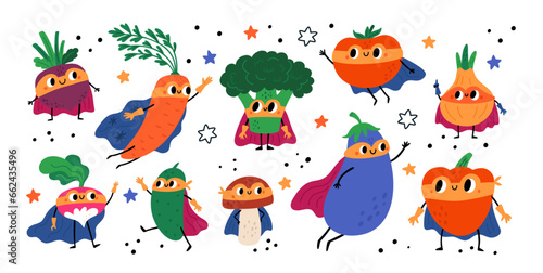 Vegetable Superhero harvest set. Food veggies product cartoon characters. Onion, mushroom, cabbage, broccoli, bell pepper, eggplant, beet, carrot, radish, tomato. Flat vector farm illustrations 