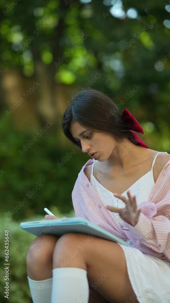 A pretty, young woman making use of a tablet in an outdoor setting in summer. A pretty, young woman making use of a tablet in an outdoor setting in summer.