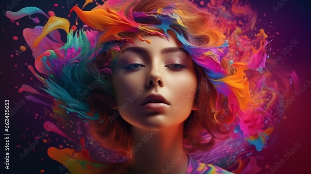 Cute girl has many different colors face makeup photography oil painting image AI generated art