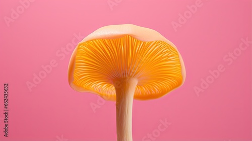  a close up of a mushroom on a pink background with a pink background. generative ai