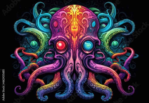 Close-up of a colorful octopus with many tentacles. Surreal monster with dripping drops of paint. Illustration can be printed on t-shirt, bag, postcard, case, pillow and other products. © Login