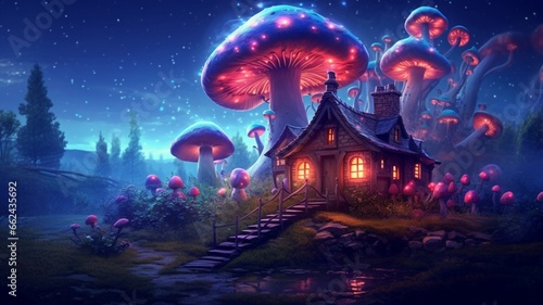 Fairy house mushroom neon light garden illustration picture AI generated art