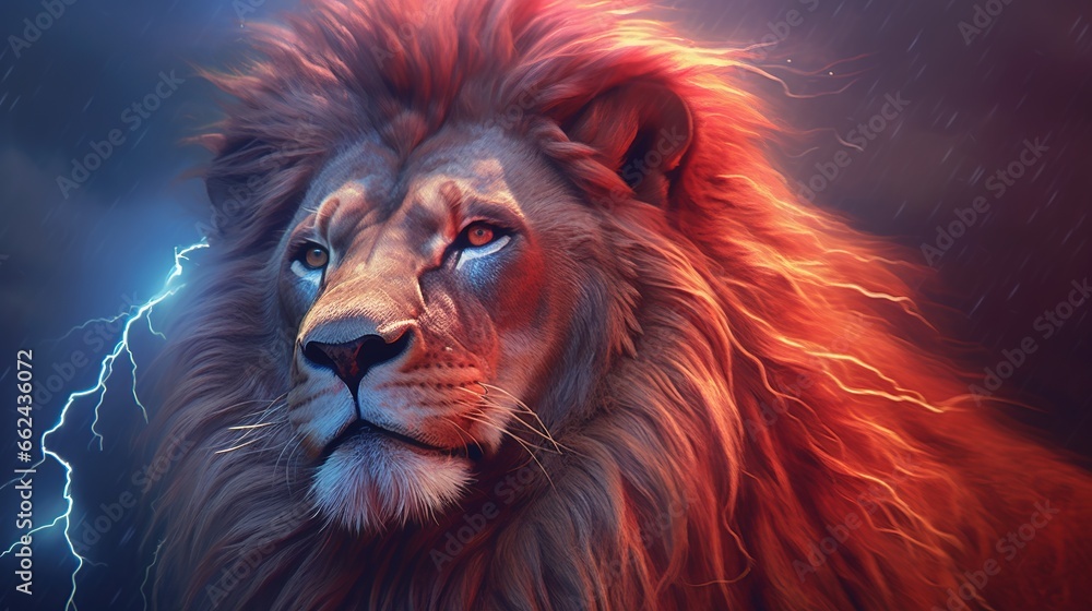 Naklejka premium Profile of a proud lion with a fiery mane against a cloudy sky. Close-up of a lion's face looking up. Illustration for cover, card, postcard, interior design, decor or print.
