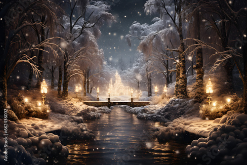 Glistening Winter Wonderland with Glowing Lights and Snow-Clad Trees