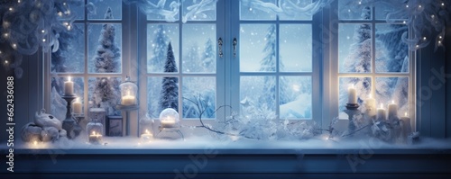  Xmas window decoration with snow outdoors. Celebrate festive concept.