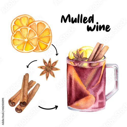 Hand drawn watercolor mulled wine. Watercolor set of mulled wine ingredients. Mulled wine set of cinnamon sticks, star anise and dried slices of orange. 