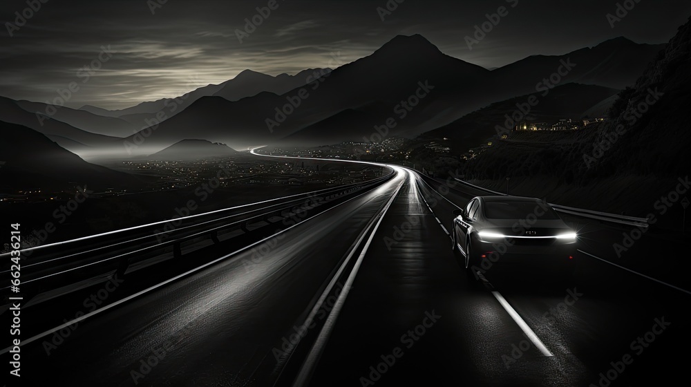 Obraz premium a car driving down a highway at night with mountains in the background. generative ai