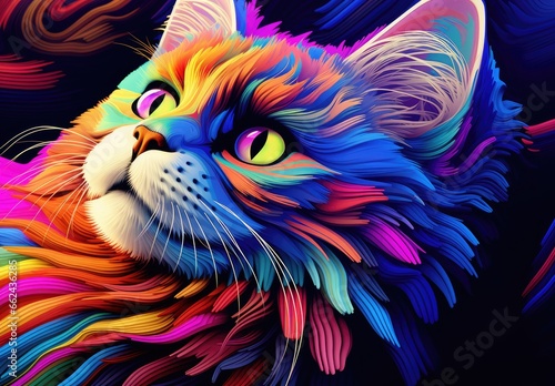 Close-up of a cat's face with bright multicolored fur. Illustration for cover, card, postcard, interior design, decor or print. © Login