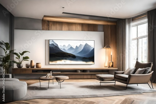 A Canvas Frame for a mockup resting on an elegant floating shelf, with a backlit ambiance, in a modern TV room © Sajida