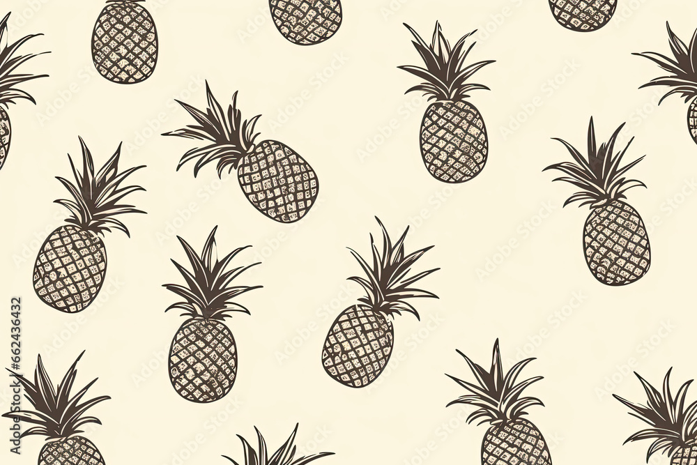 Minimalistic seamless pattern featuring subtle line drawings of pineapples and coconuts. The design is set against a muted background, emphasizing the delicate outlines. Minimalistic seamless pattern featuring subtle line drawings of pineapples and coconuts. The design is set against a muted background, emphasizing the delicate outlines.