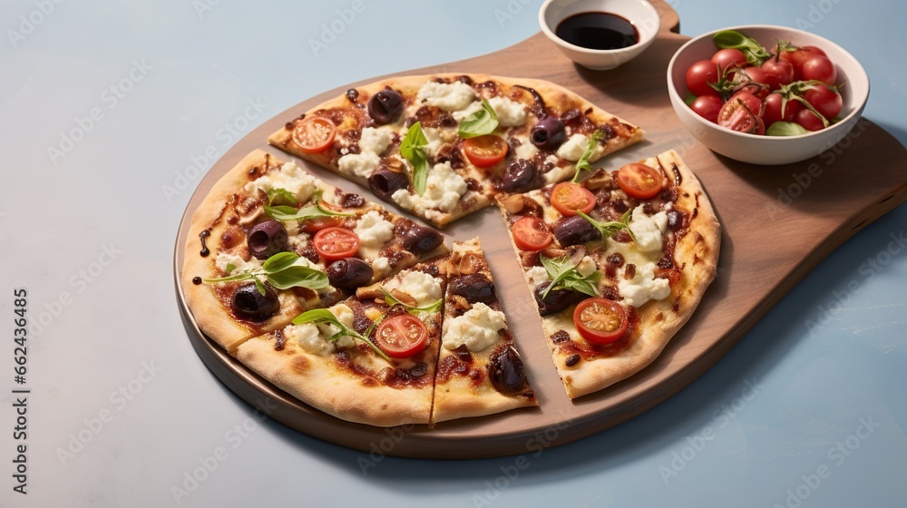 a pizza on a cutting board with a bowl of tomatoes. generative ai a pizza on a cutting board with a bowl of tomatoes. generative ai