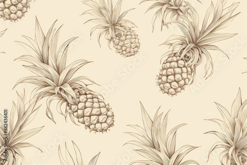 Minimalistic seamless pattern featuring subtle line drawings of pineapples and coconuts. The design is set against a muted background, emphasizing the delicate outlines.