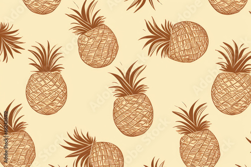 Minimalistic seamless pattern featuring subtle line drawings of pineapples and coconuts. The design is set against a muted background, emphasizing the delicate outlines.