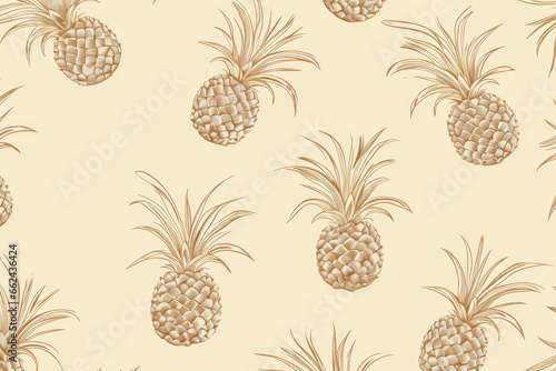 Minimalistic seamless pattern featuring subtle line drawings of pineapples and coconuts. The design is set against a muted background, emphasizing the delicate outlines.