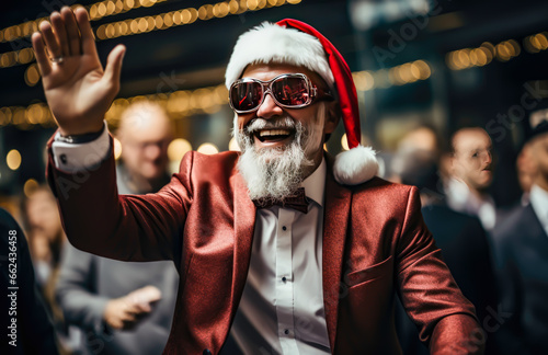 man with santa claus hat and red glasses dressed in red holiday suit, christmas, blurred background