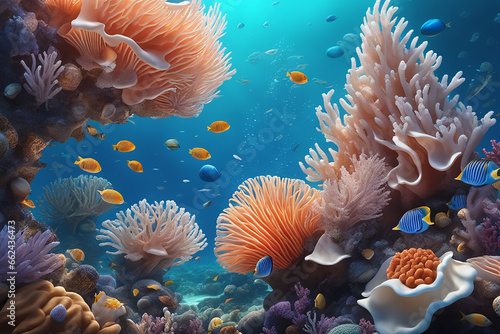 An underwater fantasy kingdom thriving with coral shells and sea life - Generative AI