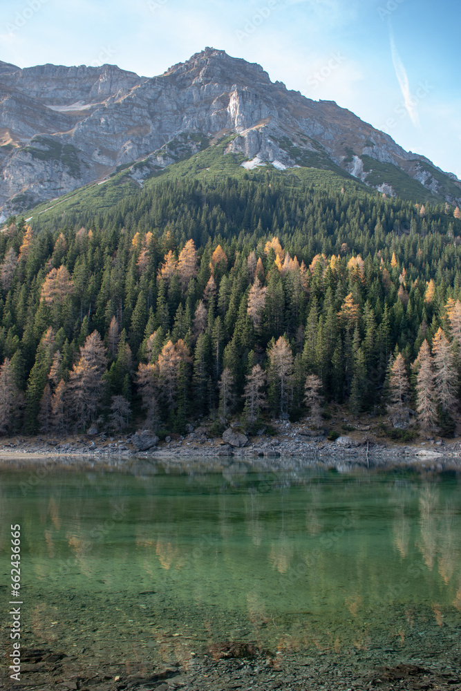 Green Obernberg Lake in Tyrol. Beautiful View of the area of Obernberger See during autumn in Austria.