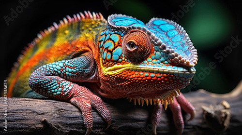 Detail of a rainbow chameleon on a tree branch.Generative AI