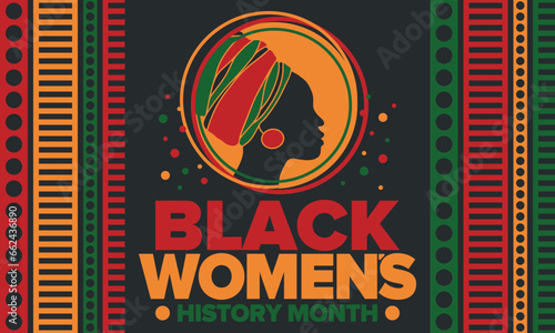 Black Women's History Month annual celebrated in April. International holiday in honor of the achievements of black women with roots in Africa of the past, future and present. Black woman silhouette