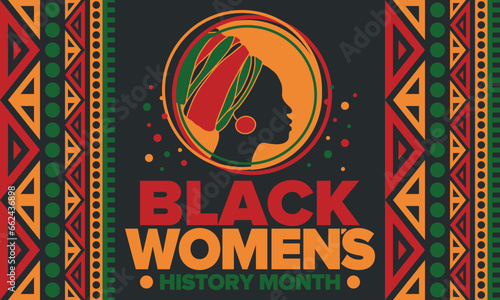 Black Women's History Month annual celebrated in April. International holiday in honor of the achievements of black women with roots in Africa of the past, future and present. Black woman silhouette