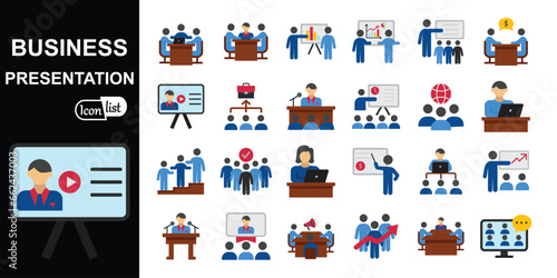 Business presentation icons set. Presentation, business, seminar, partnership, goals, meeting, whiteboard, conference and business plan icons. Vector illustration	.