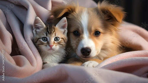 Cozy companions, Adorable puppy and kitten snuggled under a soft pink blanket