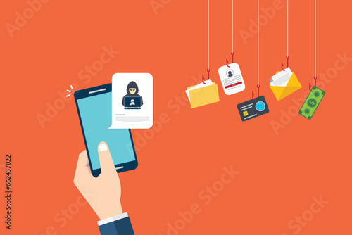 Hacker notification on mobile phone. Smartphone with hacker attack alert.	
