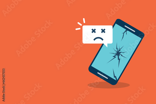 Broken smartphone with sad smile. Broken phone service, recovery and repair concept.	
