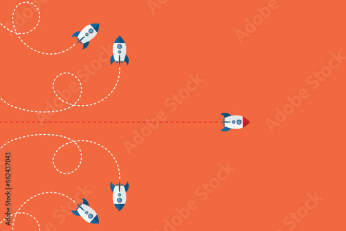 Different Approach - Different Direction. Group of rockets flying in one direction and with one individual flying in the different way, can be used leadership/individuality concepts.	