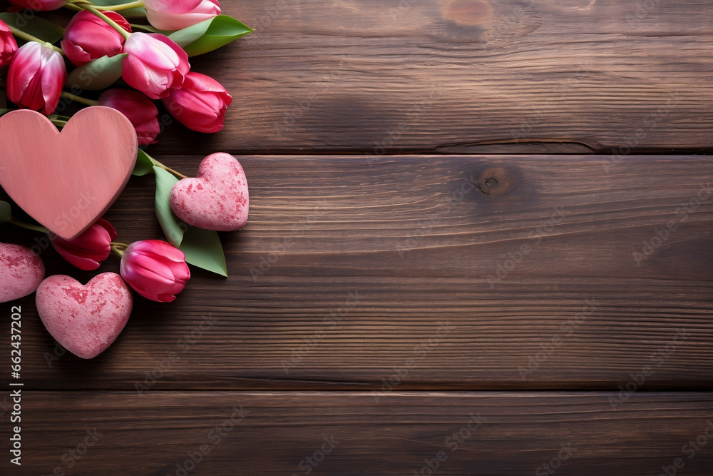 Love blossoming on rustic wooden boards, A romantic Valentine's Day background,