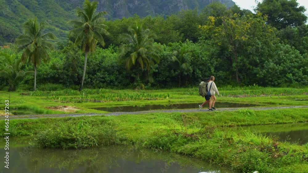 Beautiful Drone, Wide Shot Around Couple Walking Through Tropical Valley Beautiful Drone, Wide Shot Around Couple Walking Through Tropical Valley