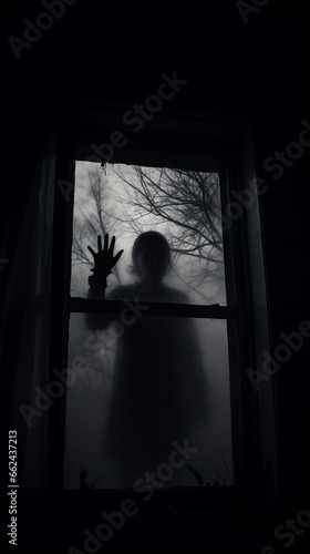 A silhouette of a person standing in front of a window