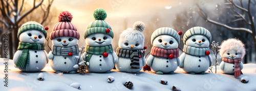 a group of snowmen dressed in colorful hats and scarves are smiling in the snow, winter, Christmas,
